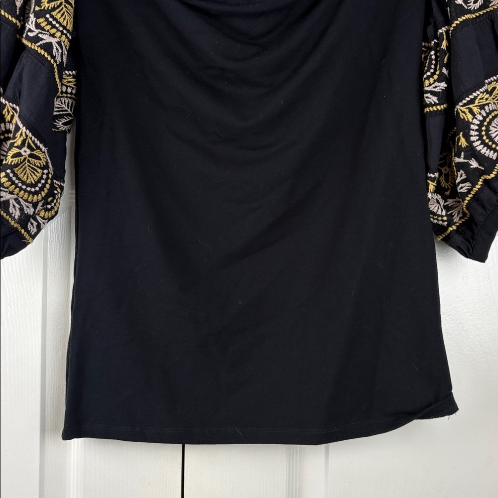 Free People Rock with it Black Puff sleeve off shoulder embroidered top Sz Med - Picture 7 of 11